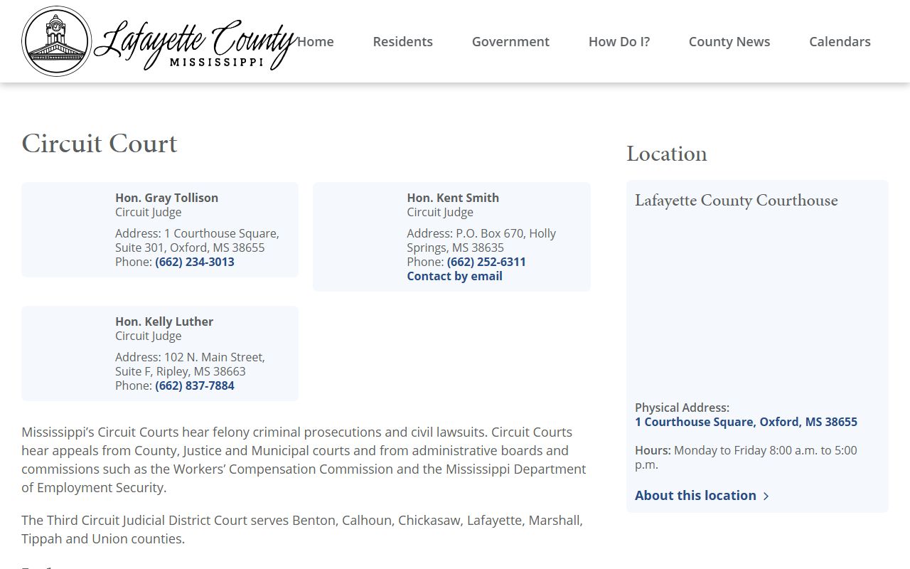 Lafayette County Circuit Court page showing the court records served by the Circuit Clerk