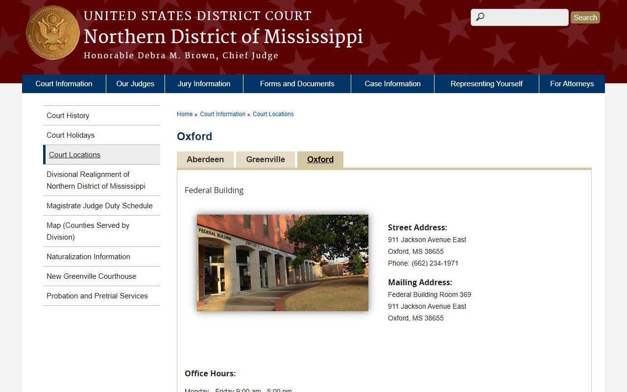 Northern District of Mississippi Oxford federal courthouse page near Lafayette County court records