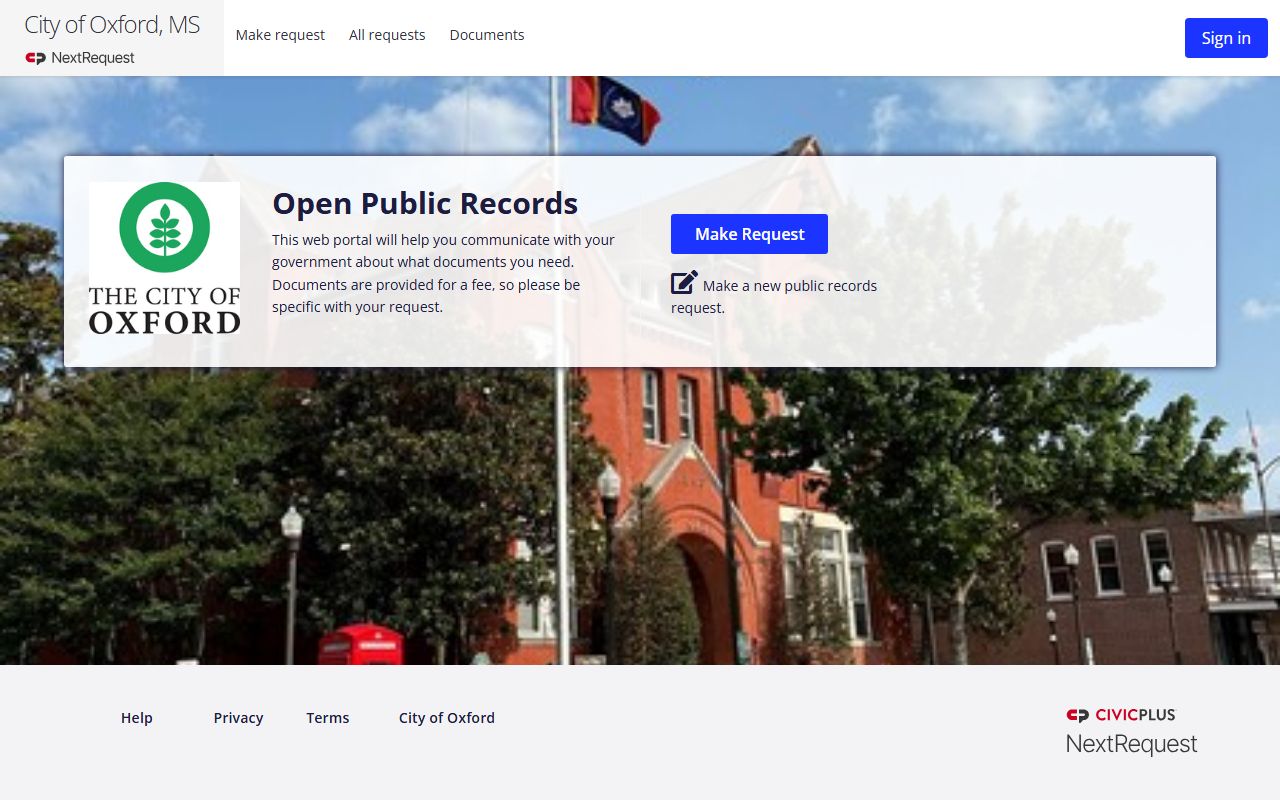 City of Oxford NextRequest public records portal used for Lafayette County municipal records