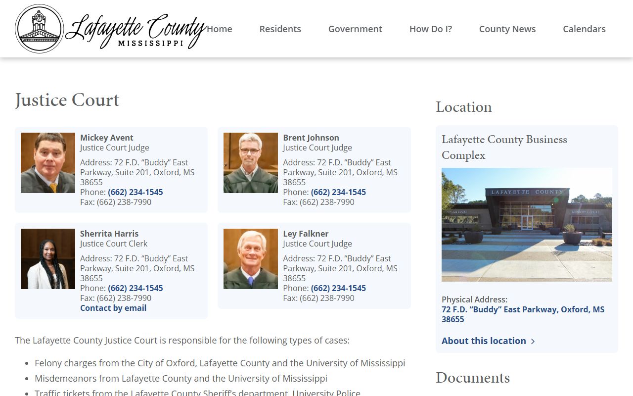 Lafayette County Justice Court docket contact and court records page