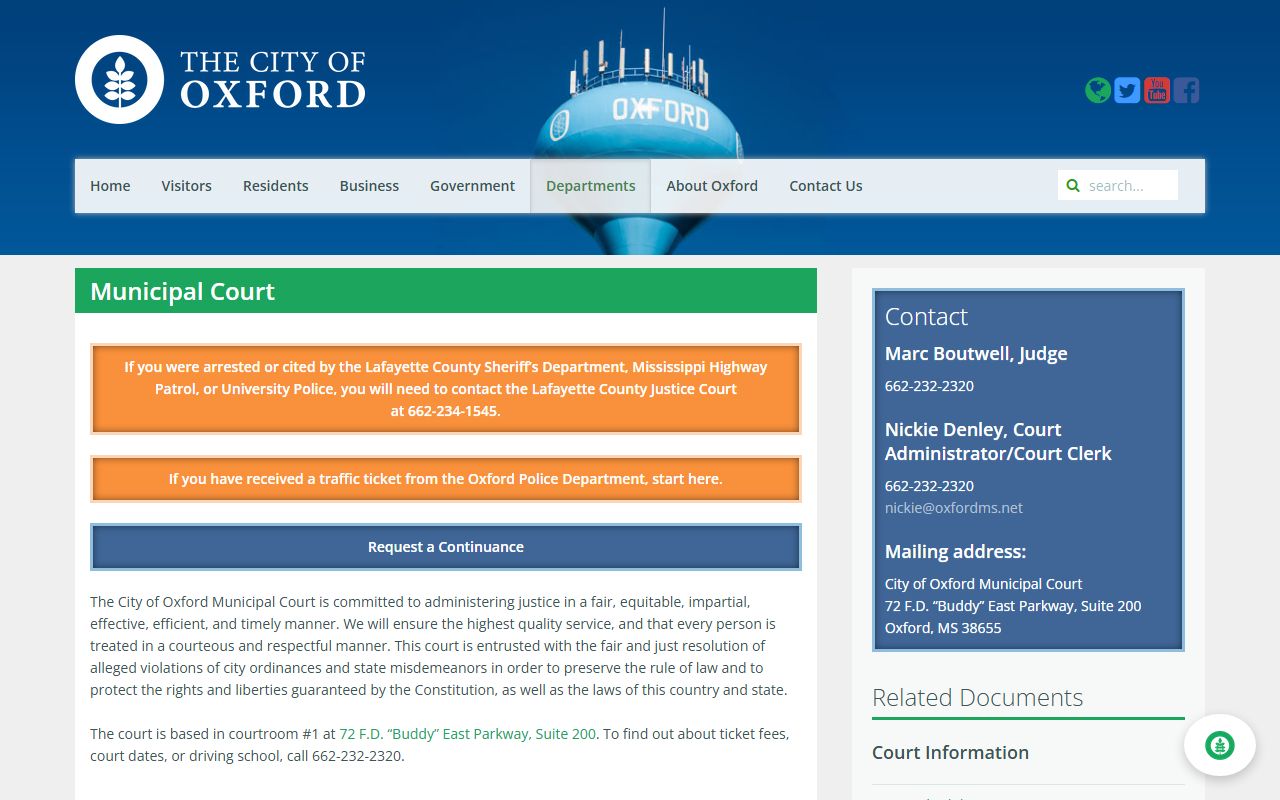 Lafayette County Oxford Municipal Court docket and court records page