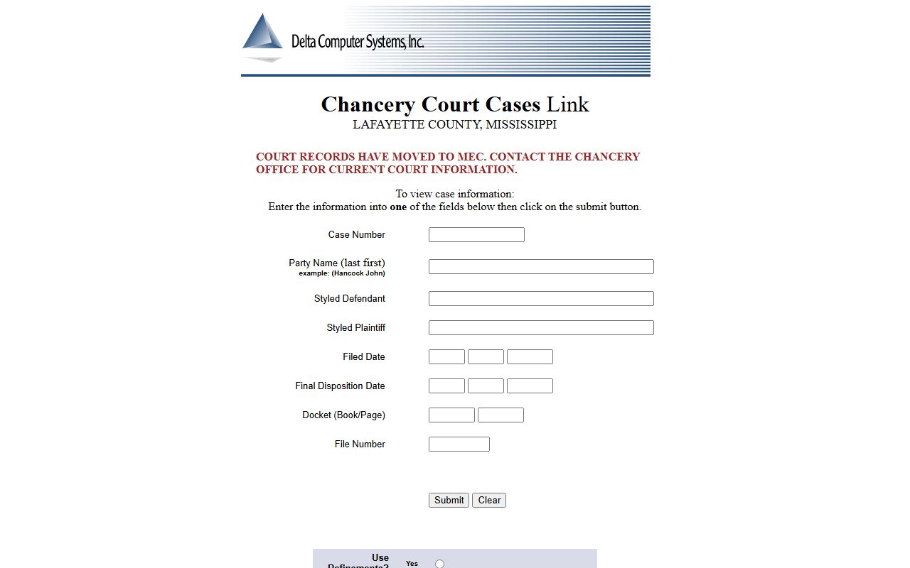 Lafayette County Chancery Court records search on Delta Computer Systems