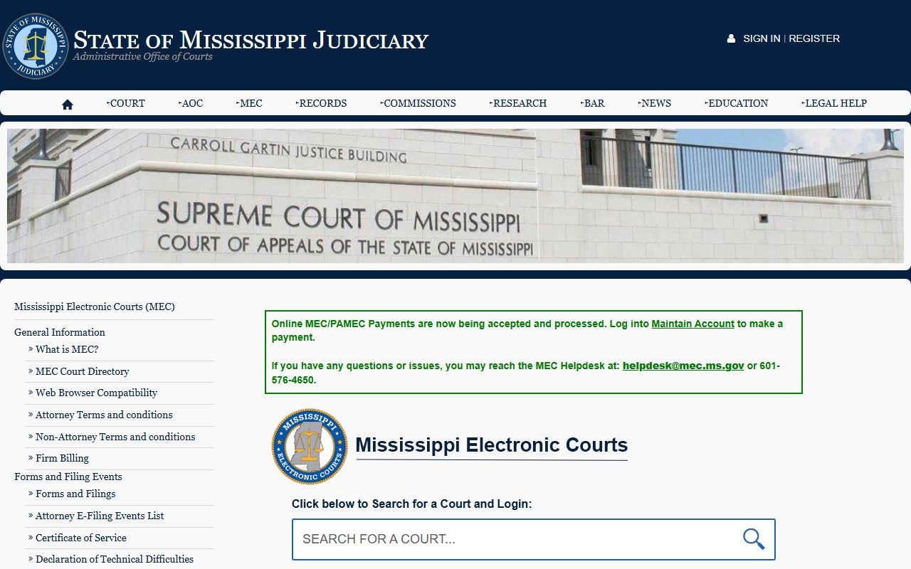 Mississippi Electronic Courts information page used for Lafayette County court records