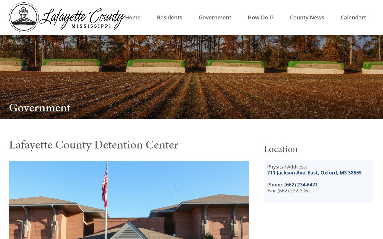 Lafayette County Detention Center facility page showing the jail address and inmate records contact details
