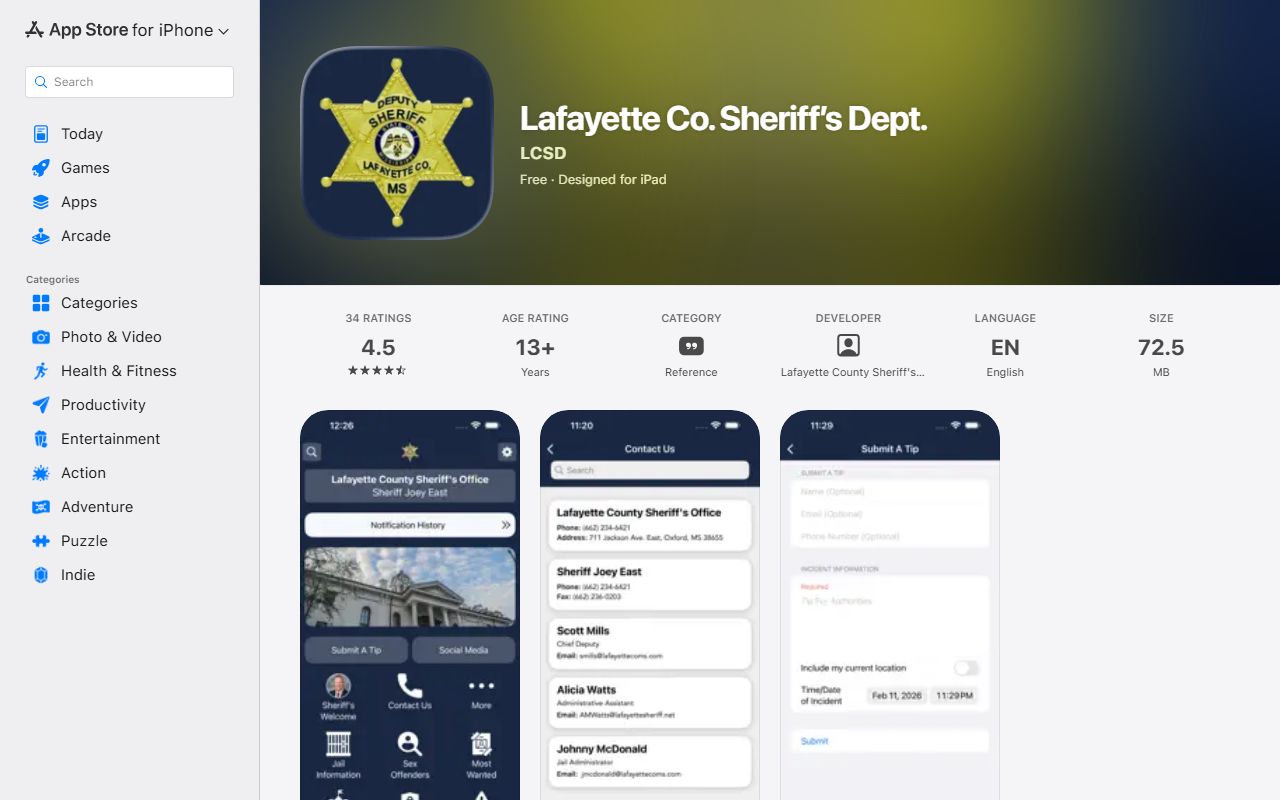 Lafayette County Sheriff's Department app on the Apple App Store for inmate records and tips