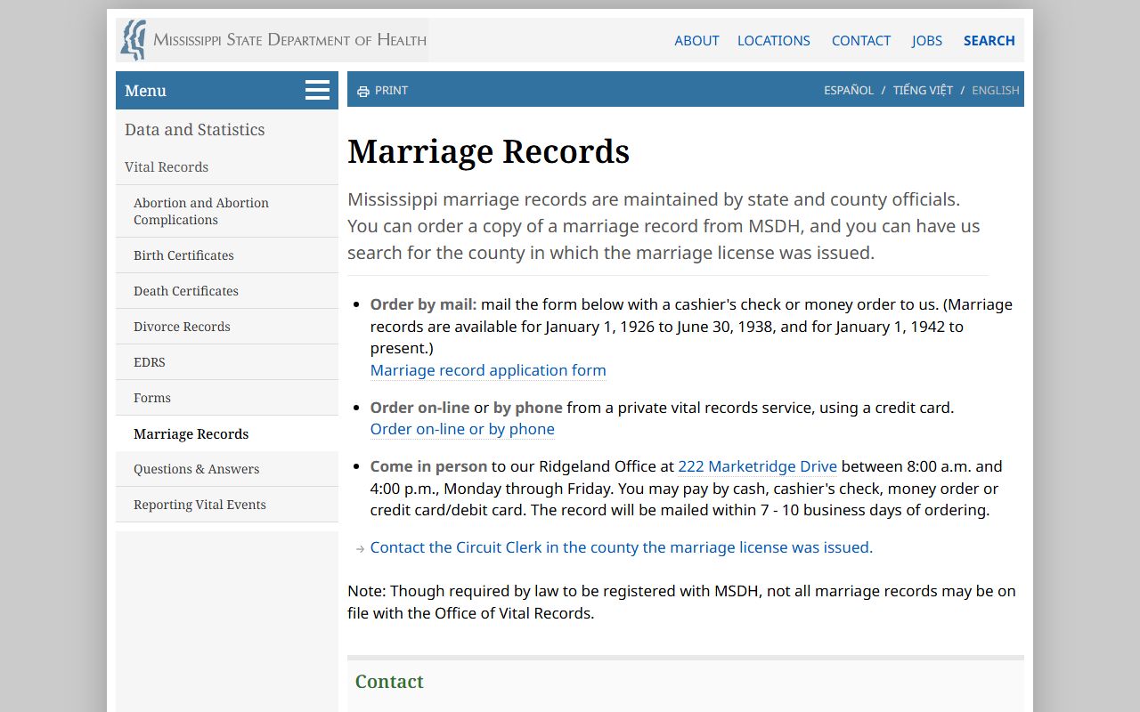 Mississippi MSDH marriage records page for Lafayette County requests