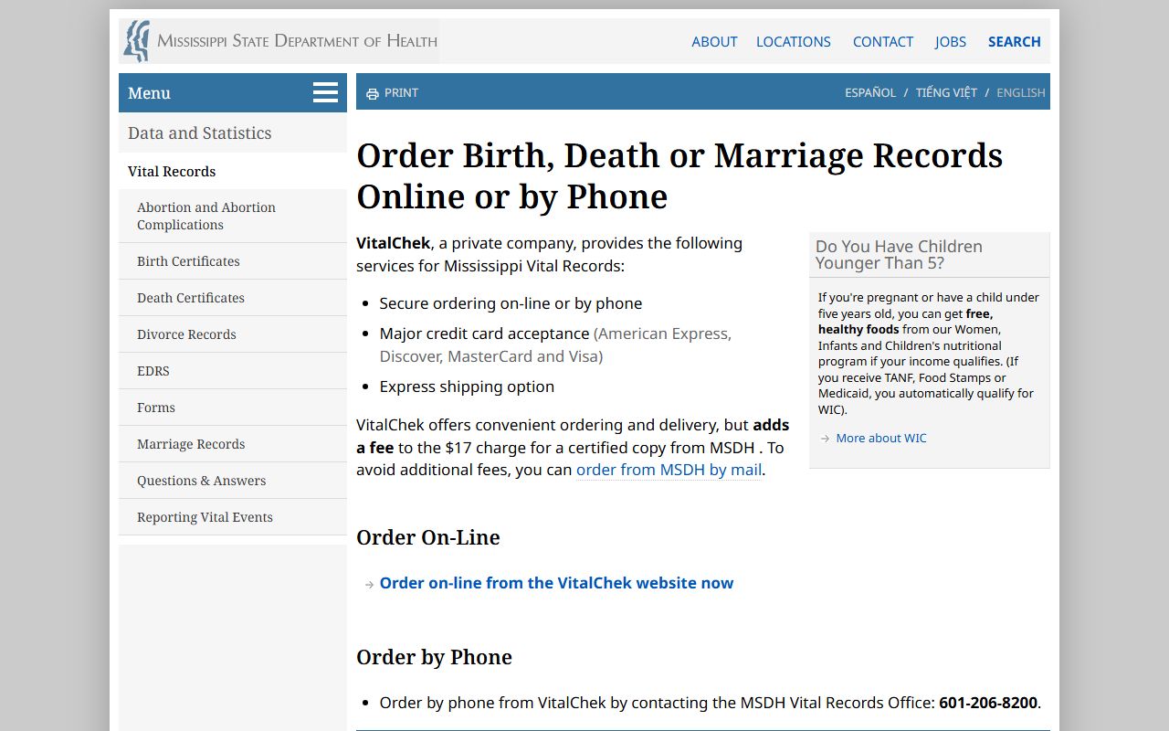 MSDH vital records ordering page for Lafayette County marriage copies