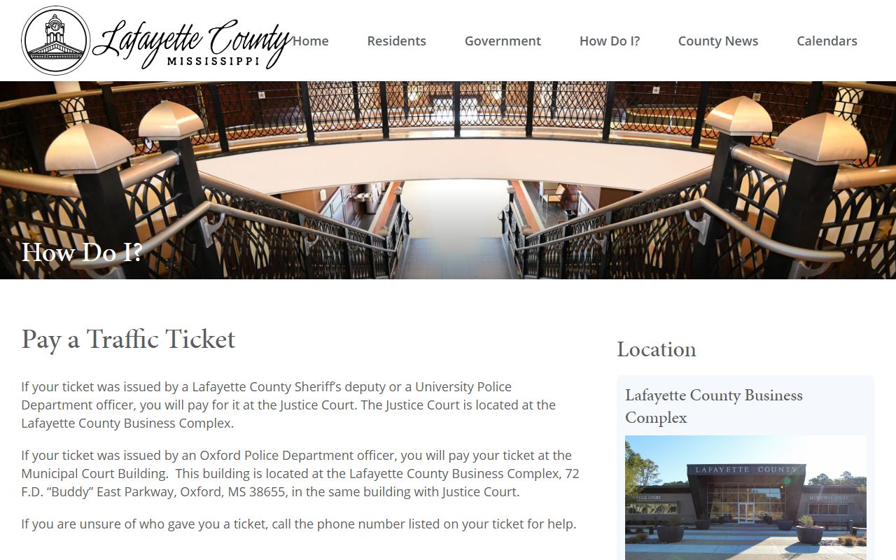 Lafayette County traffic court records ticket routing page showing Justice Court and Municipal Court split