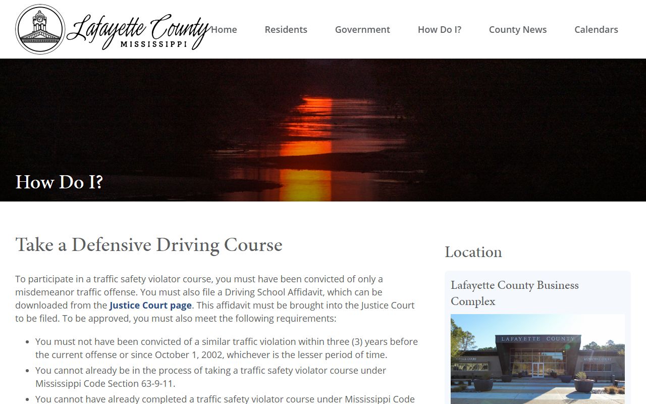 Lafayette County traffic court records defensive driving eligibility and Driving School Affidavit instructions