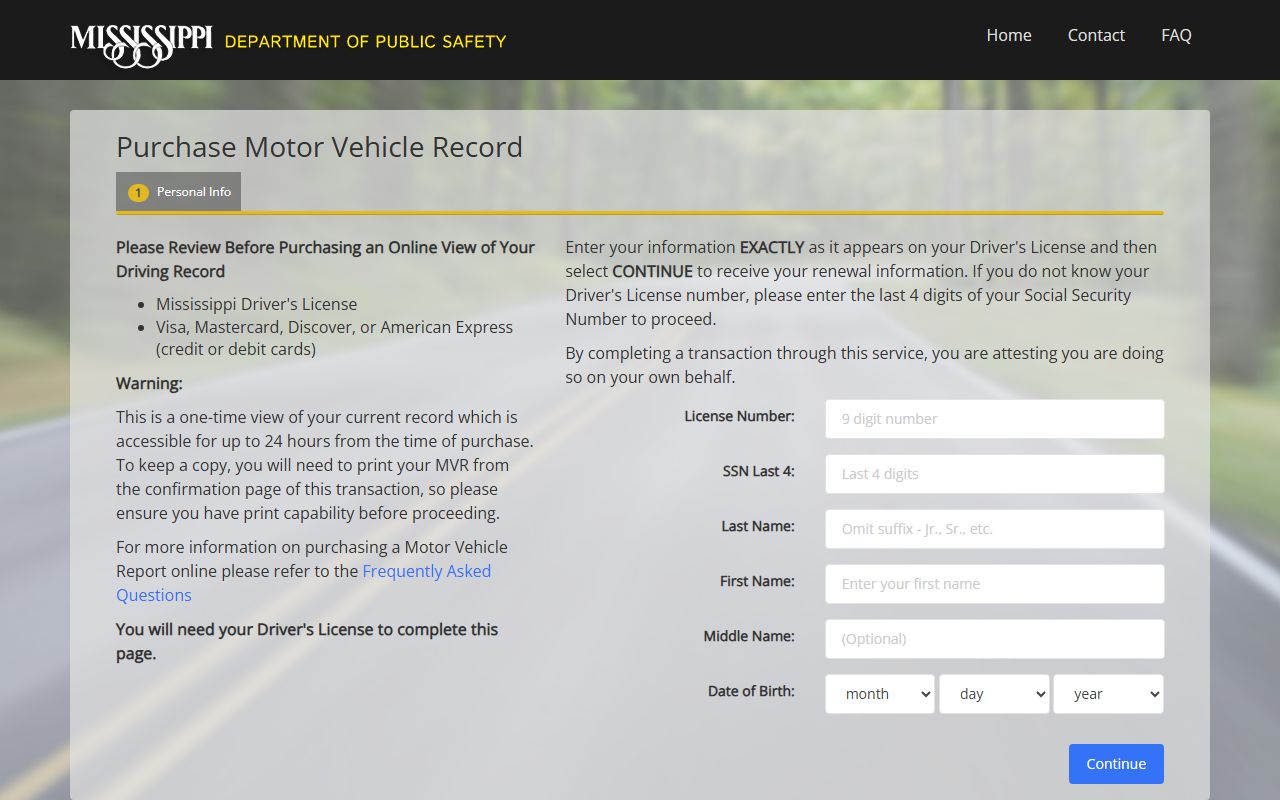 Lafayette County traffic court records Mississippi online motor vehicle record purchase form