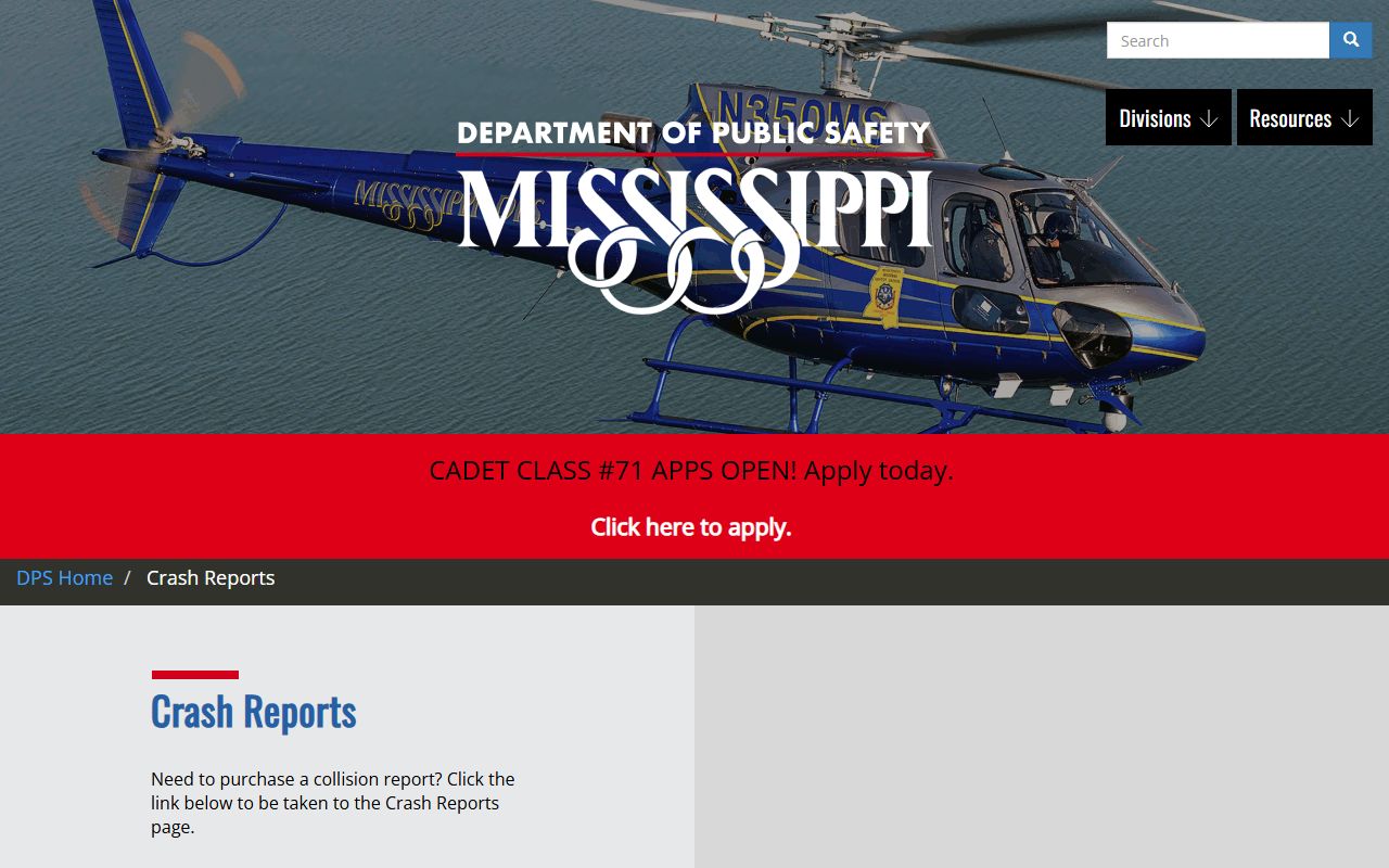 Lafayette County traffic court records Mississippi DPS crash reports request page