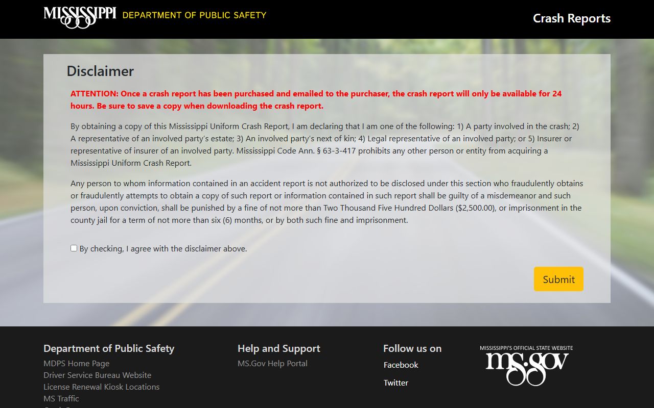 Lafayette County traffic court records Mississippi eCrash report purchase and disclaimer page