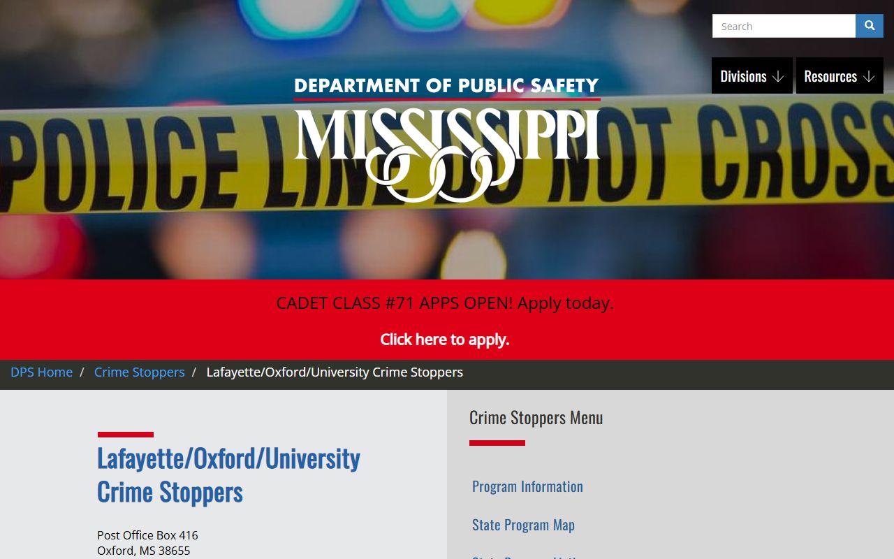 Lafayette County Oxford University Crime Stoppers tip line page for warrant information