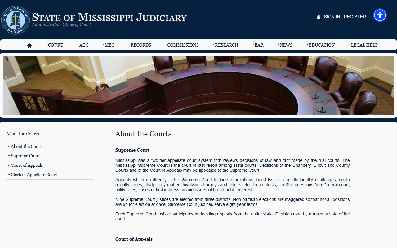 Mississippi Judiciary court structure overview for Lafayette County court records