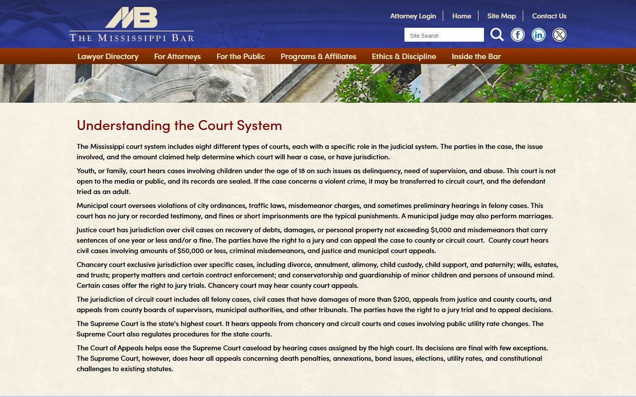 Mississippi Bar guide to court types behind Lafayette County court records