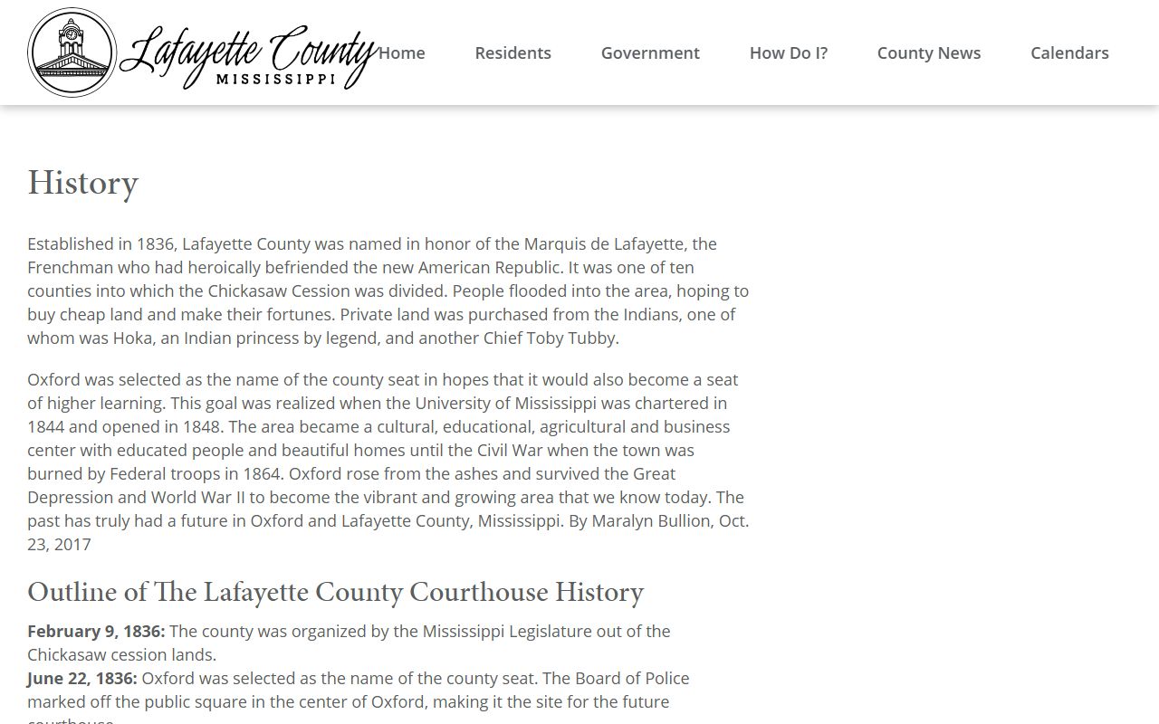 Official Lafayette County history page covering the courthouse and court records